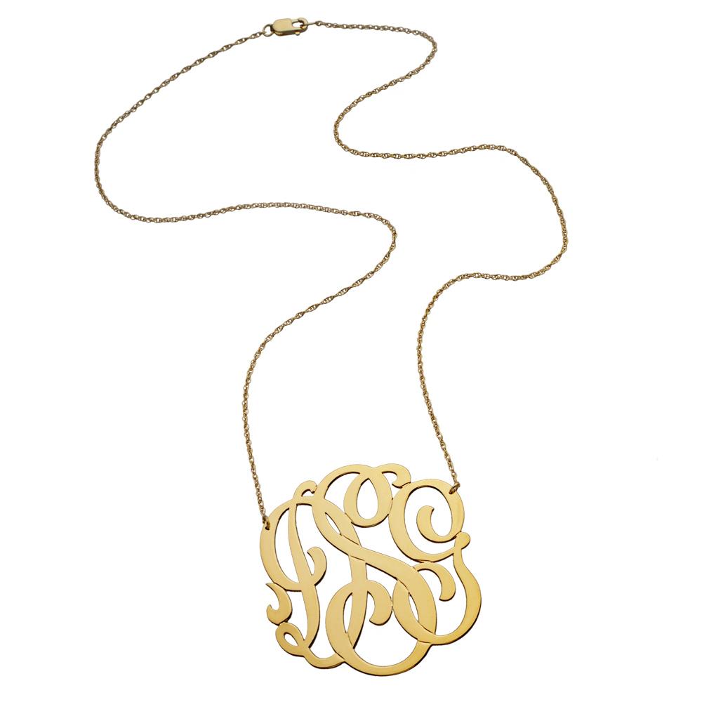 Jennifer Zeuner Jewelry Blake Swirly 3 Initial Monogram Necklace 14k yellow gold / large 1 5/8"